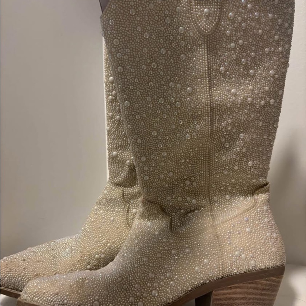 Betsey Johnson Cream Beaded Heeled Boots